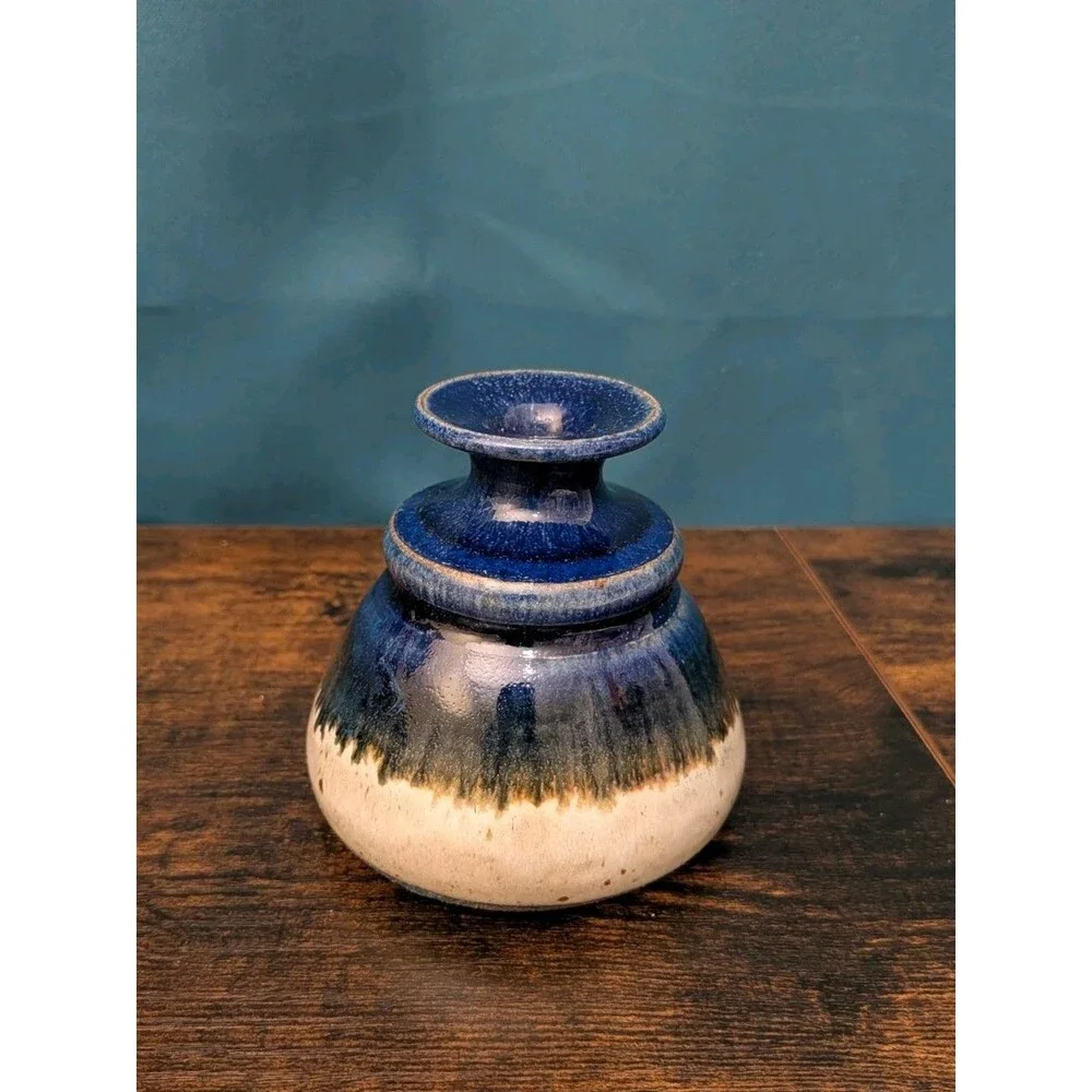 Vintage Bud Vase Clay Studio Art Pottery Bud Vase Blue Glaze MCM Candle Holder